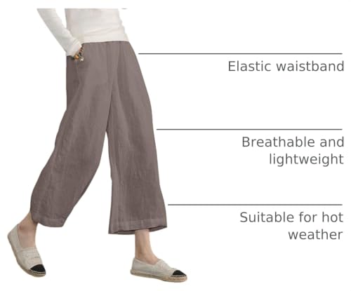 Image of ECUPPER Womens Cotton Cropped Pants Wide Leg Trousers | Casual, Plus Size, Elastic Waist, Capri, 100% Cotton, Loose Fit, High Rise Waist, Lounge Pants