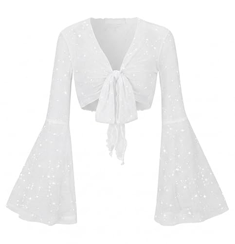 Image of Women Tie Front Bell Sleeve Rave Crop Tops Floral Print Hippie Mesh Sheer Shirt