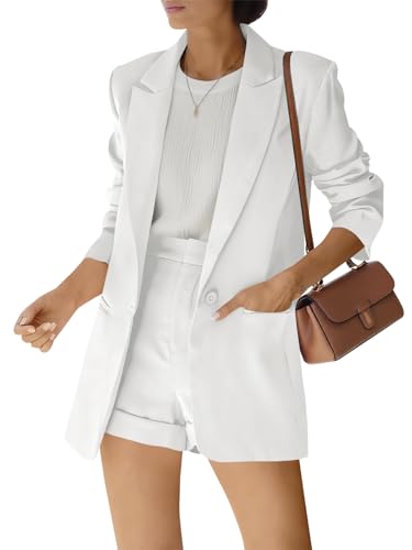 Women's 2 Piece Open Front Long Sleeve Blazer and Solid Short Pants Suit Sets White