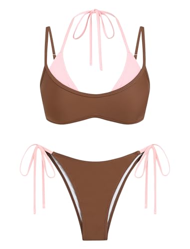 Image of ZAFUL Women's Polka Dot Bikini Set Double Layer Halter Swimsuit Colorblock Side Tie 2 Piece Bathing Suit