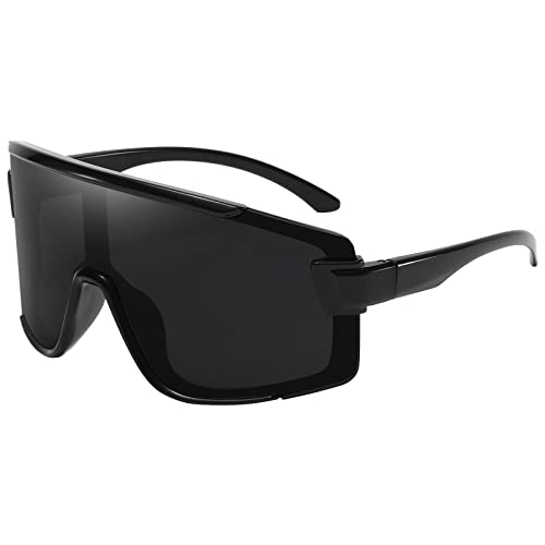 Oversized Flat Top Sunglasses Men Women Funky 70s 80s Futuristic One Piece Siamese Big Wide Rectangle Shield Shades Windproof Outdoor Running Driving Cycling Visor Glasses(Black Frames/Grey Lens)