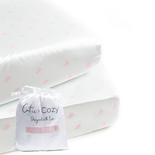 Image of CutieCozy Satin Fitted Crib Sheet (2 Pack) Premium Oeko-TEX Certified Satin Crib Sheet Set, Prevents Bald Spots Like Silk Crib Sheets for Baby Hair (White with Light Pink Hearts)