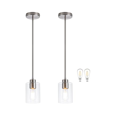 Image of MAYNA 2-Pack Brushed Nickel Hanging Lamps, Contemporary Kitchen Island Pendants with Bulbs, Adjustable Rods Clear Glass Cylinder Lighting for Dining Area