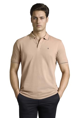 Image of Louis Philippe Men's Slim Fit Single-Tuck Pique Stylized Sleeve Print and Contrast Tipping Half Sleeve Solid Polo Tshirt