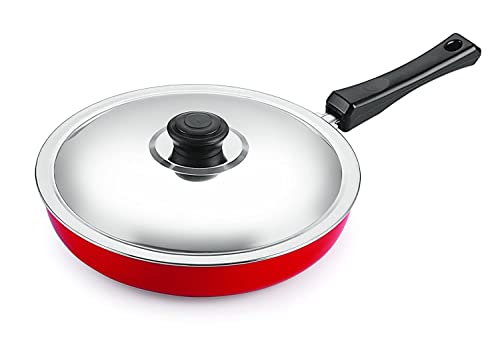 Image of NIRLON Aluminium Non Stick Gas Friendly Frying Pan with Stainless Steel Lid-28cm, 3.2 Litre (Red)