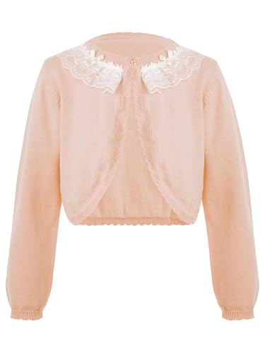Kids Girls Long Sleeve Bolero Cardigan Lace Trim Knitted Outerwear