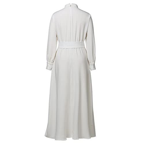 Image of CAMDOM Church Clergy Dress for Women Long Sleeve A Line Elegant Maxi Dress with Tab Insert Stand Collar and BeltA
