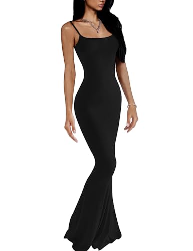 VIUTIL Damen Maxi Bodycon Kleid Sexy Spaghettiträger Ärmellos Enge Slip Lange Kleider 2023, 0# Schwarz, Mittel
