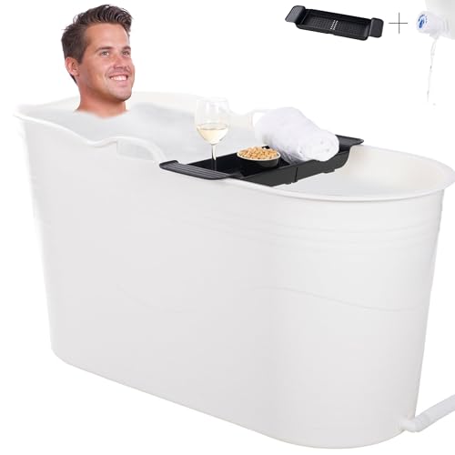 HelloBath® Mobile Badewanne für Erwachsene XL 122x56x64 cm | mit Badewannenablage & Seifenkorb | Komfortable Sitzbadewanne Erwachsene zur Tiefenentspannung | Badezimmer & Outdoor (Steinweiß)