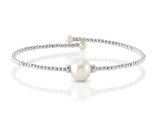 The Pearl Source AAA Quality Freshwater Pearl Beaded Bracelet For Women - 8mm Round 14k Gold Cultured Pearl Bangle Bracelet - Blend of Style and Elegance (White Gold)