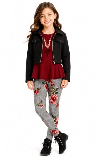 Image of iGirlDress Girls 4 Pieces Pant Set Long Sleeve Jacket Necklace Floral Plaid Pant 4-16