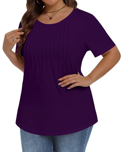 Image of Plus Size Tops for Women Pleated Summer Top Trendy Short Sleeve Shirts Casual Basic Tee Crew Neck Blouses 2026