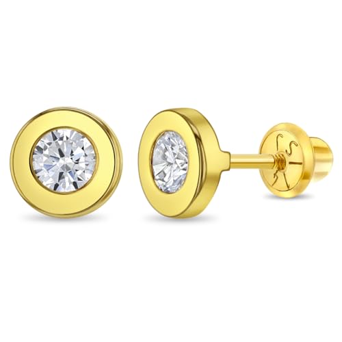 14k Yellow Gold Round Bezel Cubic Zirconia Safety Screw Back Earrings For Toddlers and Little Girls - Children's Cubic Zirconia Stone Earrings For Everyday Wear