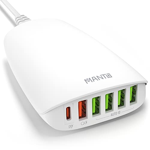 USB Charging Station, MANTO 65W PD3.0 & QC3.0 USB C Charger, 6-Port Desktop Charger with 1 USB C and 5 USB A Ports Compatible with MacBook Pro/Air, Laptops, iPad, iPhone, Galaxy and More