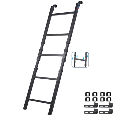 Image of RV Bunk Bed Ladder, Upgraded - Adjustable Height 55 inch-71 inch, Telescoping Heavy Duty Travel Trailer Bed Ladders with 4 Hook and Foot Caps, Anti-Slip Ladder for Home Dorm Appartments, Load 300 LBS -Black