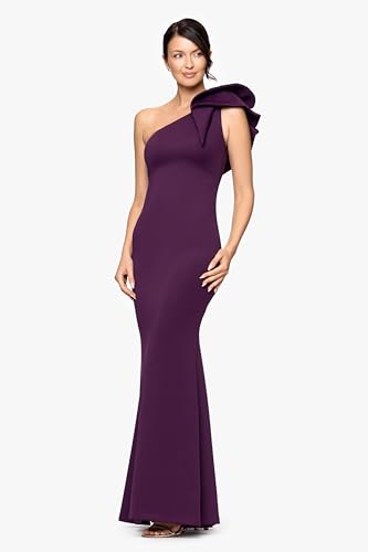 Image of Betsy & Adam Women's Long Halter Scuba Crepe Tiered Ruffle Slit Gown