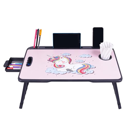 Image of Foldable Wooden Mini Laptop Table for Bed, Study Table with Drawer, Mobile Holder (HL Unicorn)