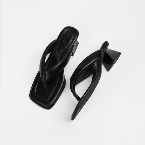 Women's Leather Low Block Heel Square Toe Flip Flops Comfort Open Toe Slip On Chunky Heel Clip Toe Sandals Summer Casual Party Beach Slides4