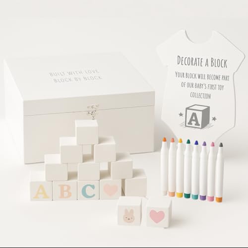 Nolia Baby Shower Blocks Decorating Game – 48 White Wooden Cubes to Decorate, Storage Box, 12 Acrylic Markers & Instruction Sign