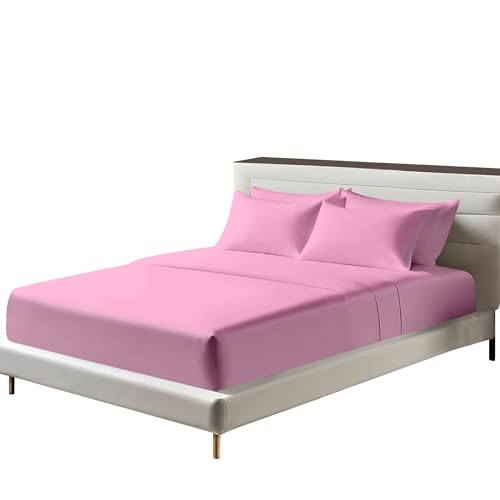 Egyptian Cotton Fitted Sheets 25cm Deep Mattress Pocket 200 Thread Count Fitted Bed Sheet- Soft & Comfortable Bottom Sheet (Pink, Double)