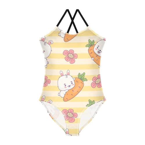 Girls One Piece Swimsuits Bunny with Carrot on Striped Sport Halter Swimwear Beach Bathing Suit, 5-6T