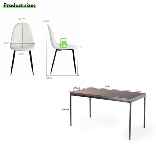 FurnitureR 5PCS Mid-Century Modern Dining Table Set for 4, 59 Inch Rectangular & 4 Upholstered Non-Swivel Chairs, Ideal for Family Gatherings & Home Entertaining, Fabric Beige & Dark Brown - Thumbnail 4