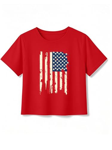 Image of VVNTY Girls American Flag Crop Tops Kids USA Crop Shirt Patriotic 4th of July Tops 5-14 Years