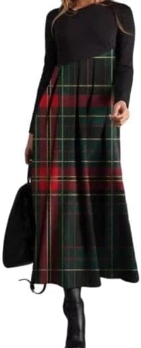 Womens Casual Boho Floral Long Sleeve Maxi Dress Fall Winter Spring Plaid A-line Swing Empire Waist Pleated Dresses for Women