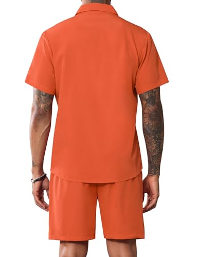 LecGee Men Summer Casual Short Sets Solid Short Sleeve Pocket Button Down Shirt Elastic Shorts 2 Piece Outfits Tracksuit3