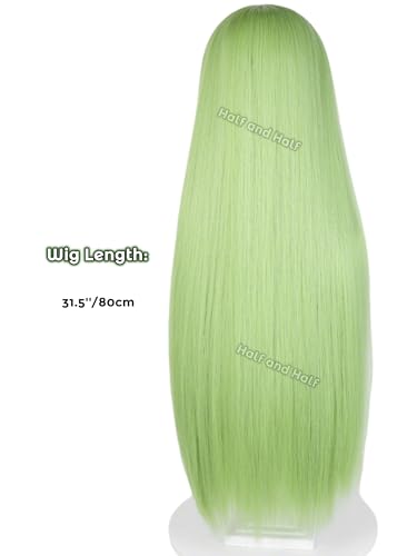 Image of Half and Half Long Straight Green Anime Cosplay Wig Deep Green Women's Wigs with Bangs 31.5'' Green Wig for Halloween Party Costumes