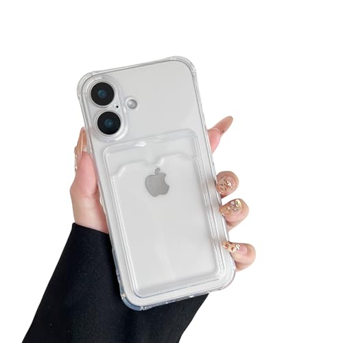 DEFBSC Compatible with iPhone 16 Transparent Back Card Holder Phone Case Ultra Slim Soft TPU Shockproof Clear Case with Card Slot for Back of Phone White
