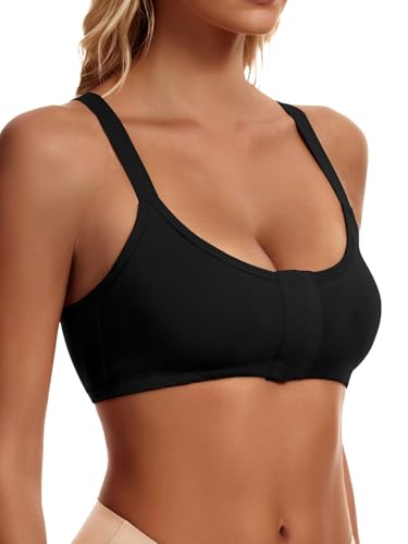 Leovqn Post Surgery Bras Removable Padding Compression Bra Front Closure Elastic Bands Mastectomy Wireless Daily Bras Black L
