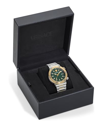 Versace Greca Logo Diver Collection Luxury Mens Watch Timepieces with a Two Tone Bracelet and Case Featuring a Green Dial4