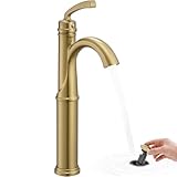 HOIGY Gold Vessel Sink Faucet, Brass Tall Bathroom Sink Faucet One Hole with 1 Handle, Pop Up Drain, cUPC Supply Hoses & Aerator for Above Counter Basin, Arched Spout Design, 5 Mins Quick Installation