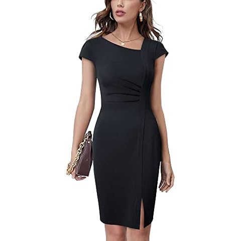 HOMEYEE Elegant Women's V Neck Cap Sleeve Front Split Business Pencil Dress B700 (M, Black) Cover
