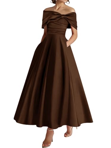 Satin Mother of The Bride Dresses Off Shoulder with Pockets Tea Length A-Line Formal Prom Evening Gowns with Bow