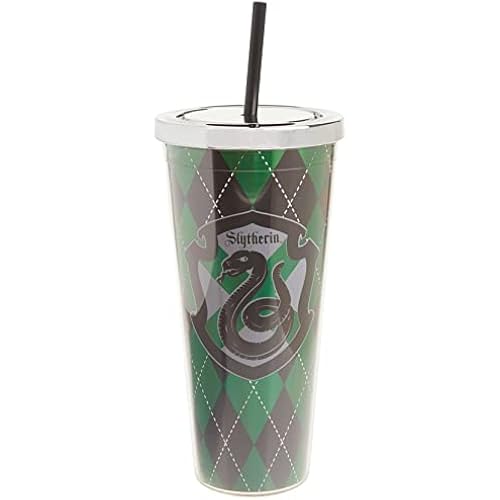 Spoontiques Harry Potter Acrylic Foil Cup with Straw, 20oz - Metallic Locking, Double Wall Insulated, BPA Free - Slytherin