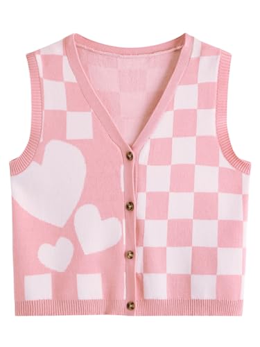 Verdusa Women's Checkered Cardigan Plaid Knit Sweater Vest Button Up V Neck Sleeveless Tops