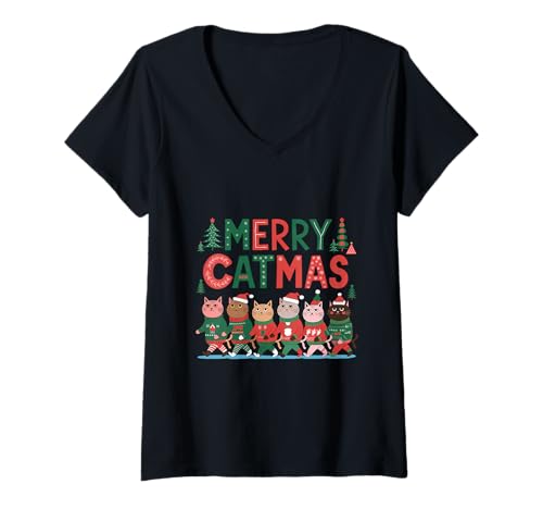 Mujer Camisa Merry Catmas Cute Cats Navidad Marzo Nieve Camiseta Cuello V