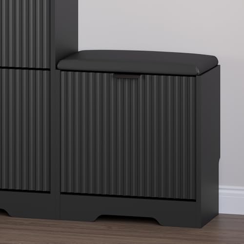 Image of BORNOON Slim Shoe Cabinet with Bench for Entryway, Hidden Storage and Adjustable Shelves, Free Standing Wooden Shoes Organizer for Hallway, Foyer
