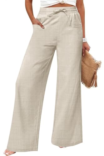 JEKAOYI Women's Casual Linen Wide Leg Pants with Pockets Boho Palazzo High Waisted Drawstring Lounge Trousers Khaki