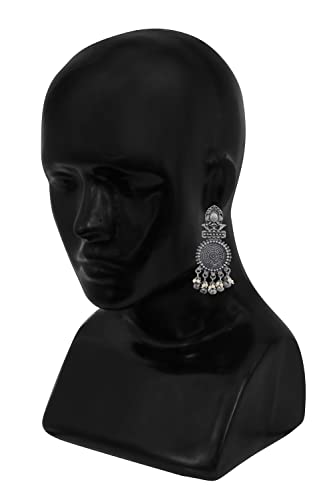 Indian Antique with Silver Polish Oxidized Traditional Boho Gypsy Tribal Bollywood Afghani Fashion Handmade Ghungroo Dangle Jhumka Earrings D-225E2
