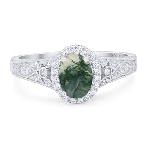 OMRANII Art Deco Ring Oval Natural Green Moss Agate Vintage Style Halo Cluster CZ Wedding Engagement Rings For Women 925 Sterling Silver Gift For Her