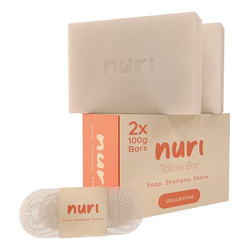 Nuri Tallow Soap 2 x 100G Multipack Unscented Luxury Soap Luxurious Multi-Use Bars for Skin Body Hair & Shaving Nourishing Moisturising & Natural Rich Creamy Lather 100% Toxin-Free