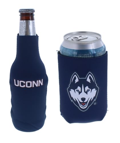 College Team Color Logo Can & Bottle Holder Insulator Beverage Cooler Set (UCONN Connecticut - Solid Logo (Huskies))