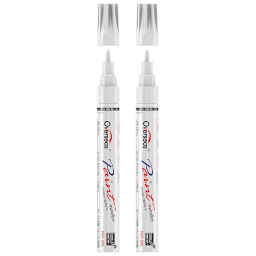 Overseas Oil-Based Fine Tip Paint Marker Pen - 2 Pack White 0.9mm Fine Nib Permanent Markers, Quick Dry, Waterproof, Fade Resistant Paint Pens for Metal, Wood, Rock, Plastic, Ceramics, Rubber, Glass