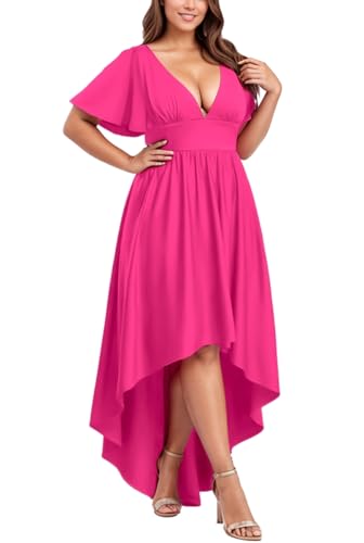 Image of Elegant Dresses Formal Evening Cocktail Long Maxi Wedding Party Dress Sexy V Neck Ruffle Sleeve Hi Low Flowy Gowns
