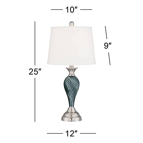Regency Hill Arden Modern Table Lamps 25" Tall Set Of 2 With Table Top Dimmers Green Blue Twist Glass White Fabric Empire For Bedroom Living Room House Home Bedside Nightstand Office Family #TOP3