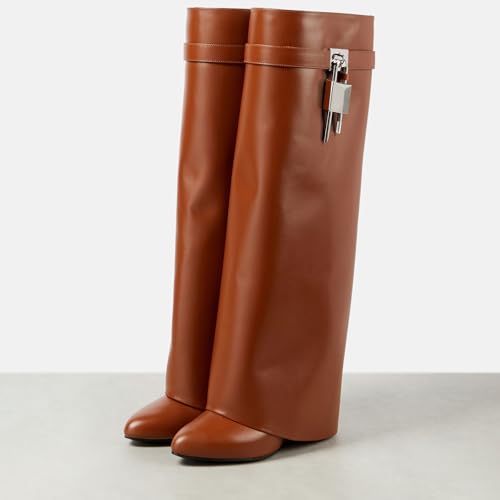 Image of Arqa Knee High Boots Womens Wedge High Heels Shark Boots Fold Over Pull-on Pointed Toe Tall Fashion Boots for Women
