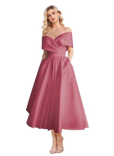 Image of Women's Off Shoulder Wedding Dress for Bride Tea Length A Line Satin Formal Prom Dresses with Pockets